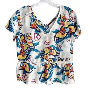 Comptoir des Cotonniers Linen Silk Blend Cap Sleeve Floral Print Top Size XS